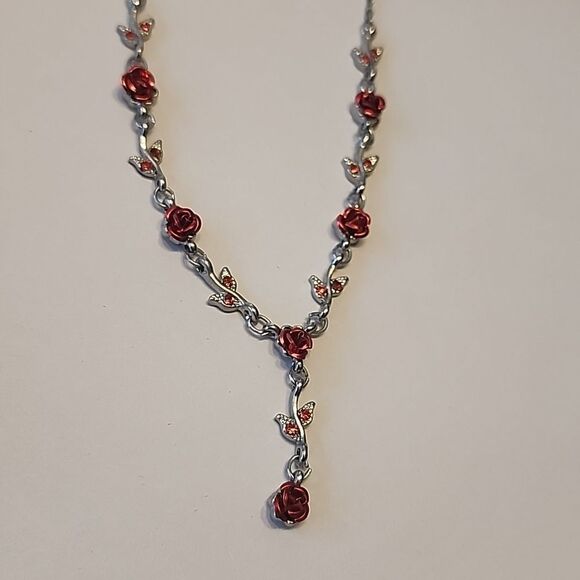 Red Rose Necklace on Silver Tone Chain w/ Red Rhinestone Crystals - Picture 2 of 4